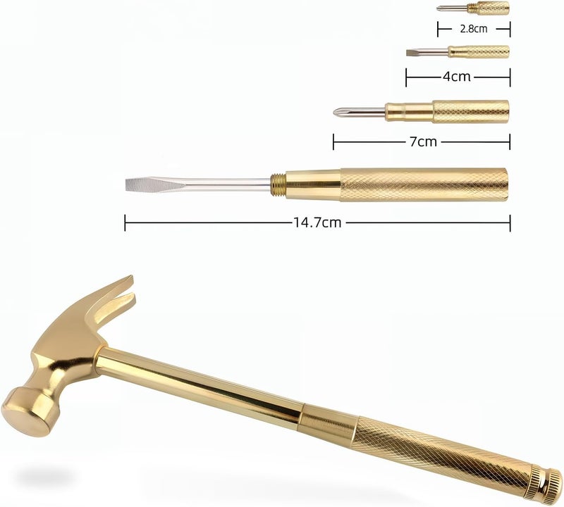 Kinobo Multifunction Hammer 6 in 1 with Slotted/Flat Head Phillips Screwdriver Claw Hammer Manual, Portable Metal Mini Tool Hammer (Gold) - Image 4